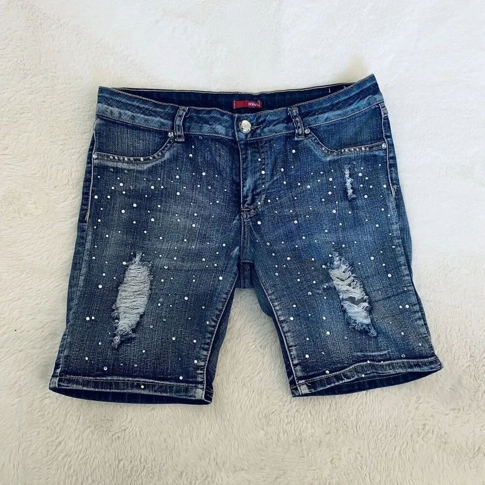 Y2K Bongo Women’s Size 11 Low Rise Rhinestone Denim Bermuda Shorts